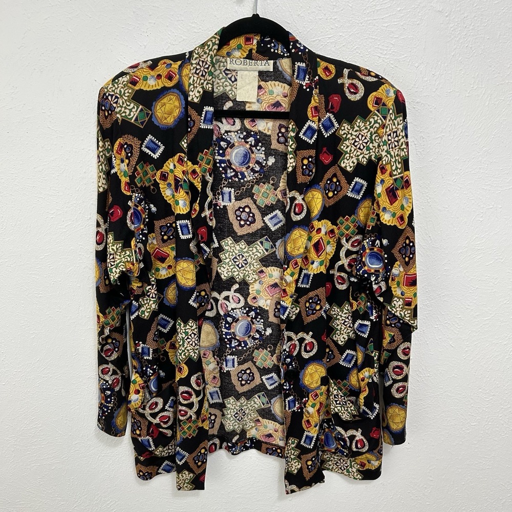 Vtg 80s Jacket Boyfriend Blazer Art to Wear Rayon Novelty Print Jewels Sz  L/ XL